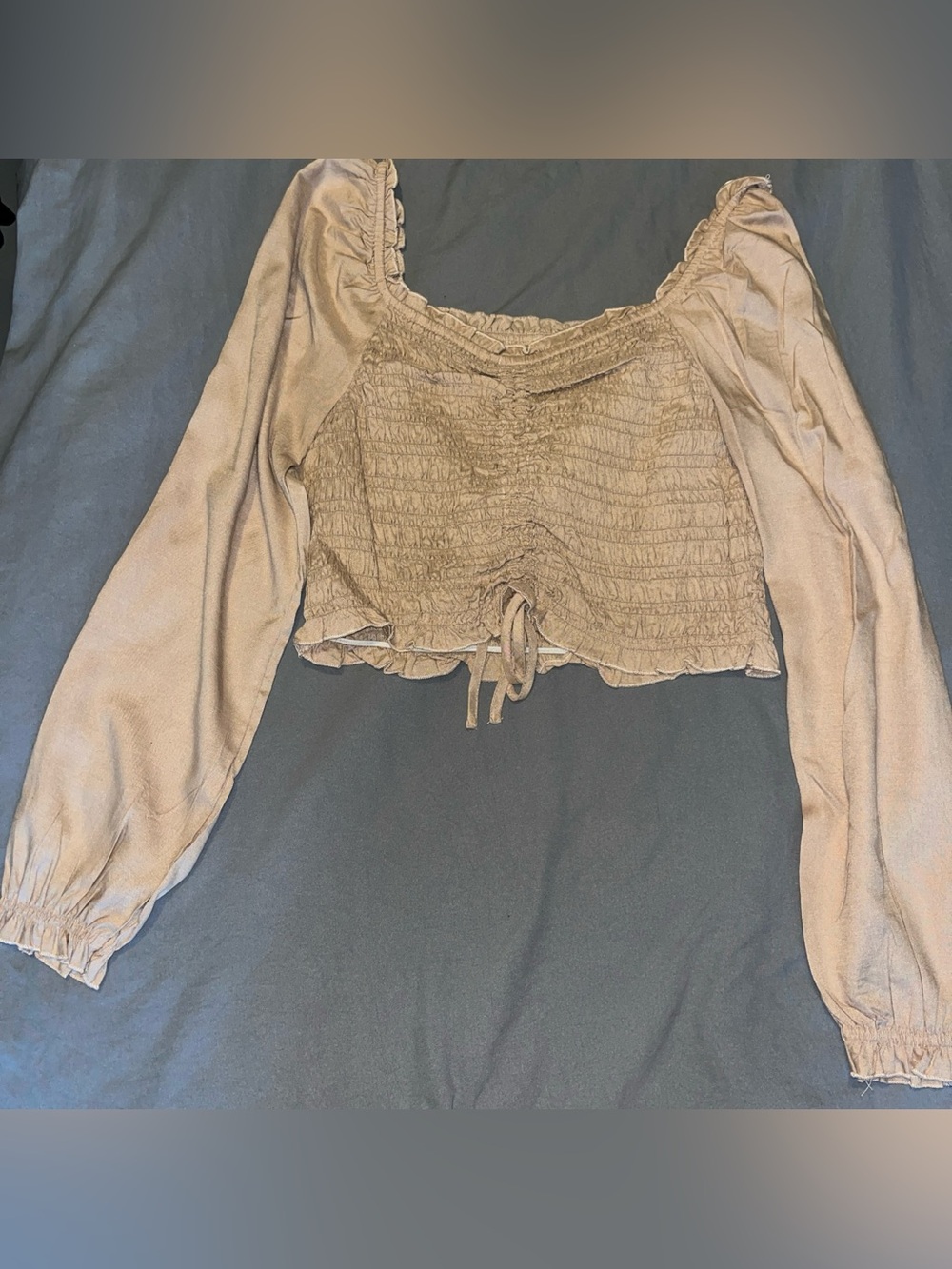 Women's Smocked Long Sleeve Crop Top - Beige